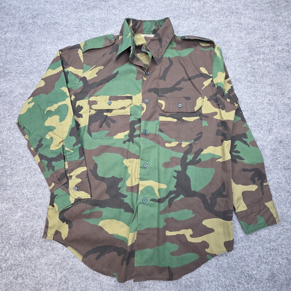 VTG Gung Ho Army Woodland Camo Shirt Men's Large Long Sleeve 2 Pockets Button
